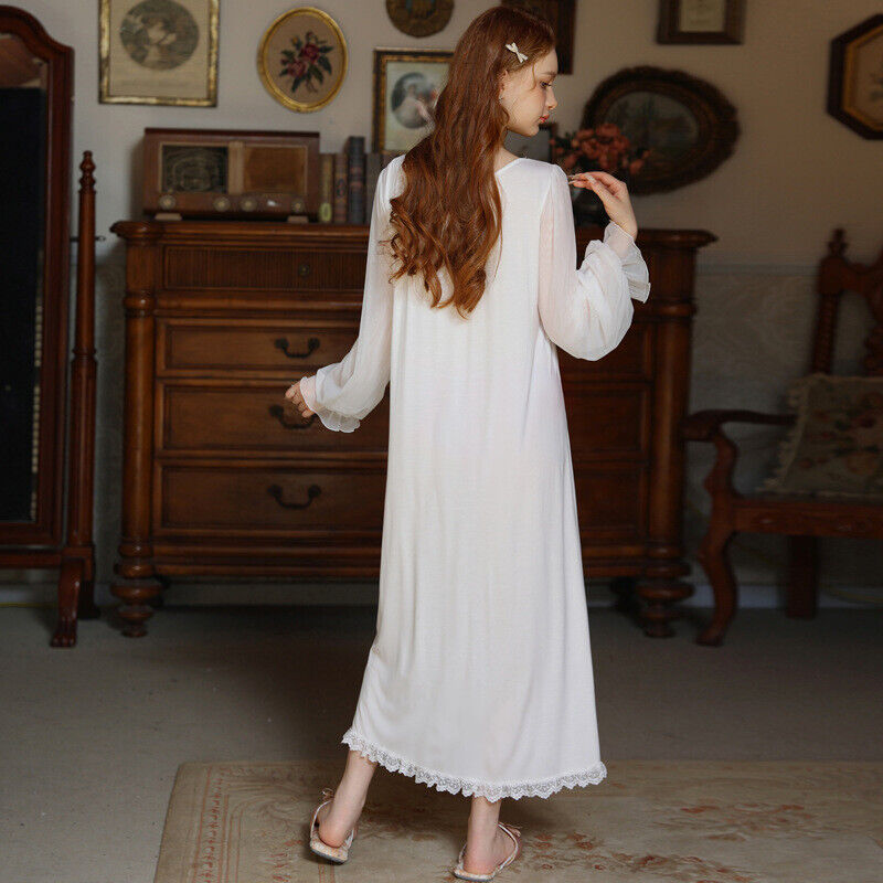 French-Style Long Modal Cotton Nightdress with Chest Pad