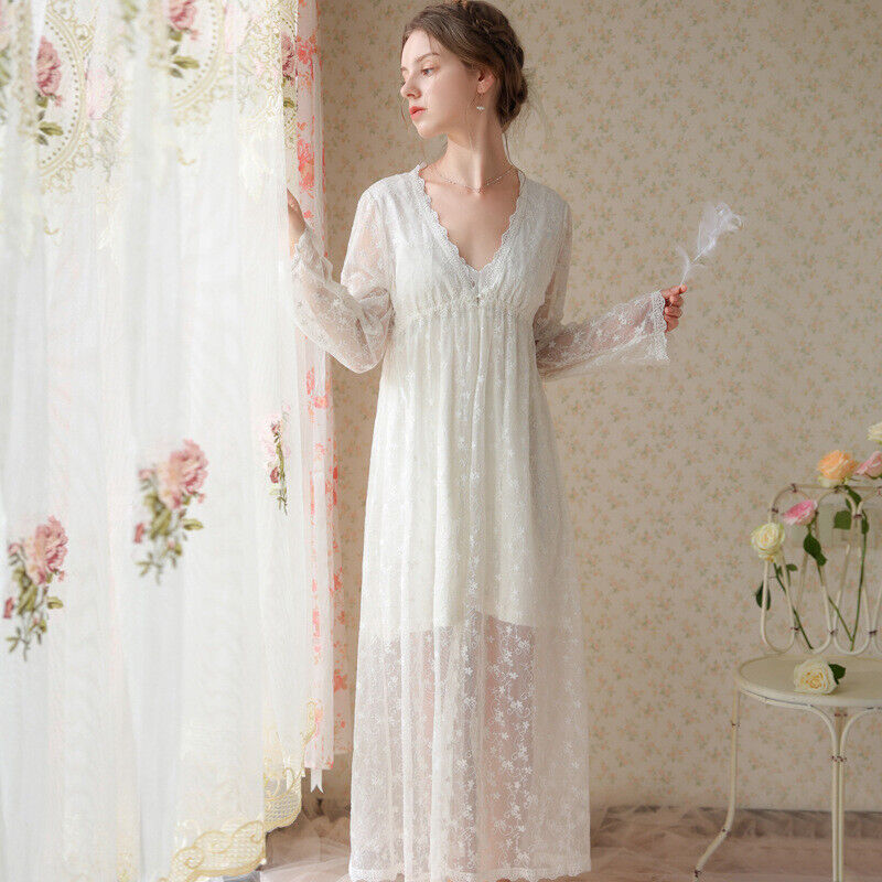 Nightdress Long Sleeve Mesh Two-Piece Embroidery Pack Thin Robe