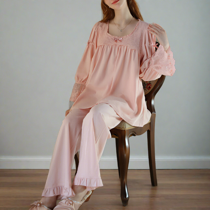 Long Sleeve Princess Cotton Trousers Suit Lace Comfortable Homewear nightdress