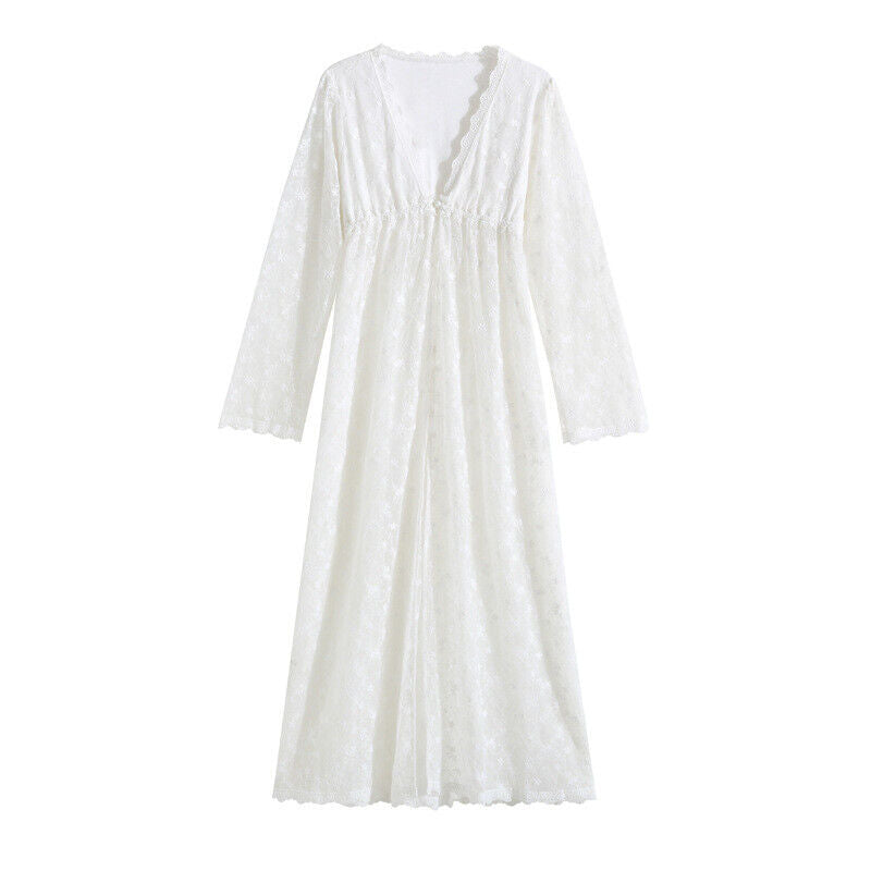 Nightdress Long Sleeve Mesh Two-Piece Embroidery Pack Thin Robe