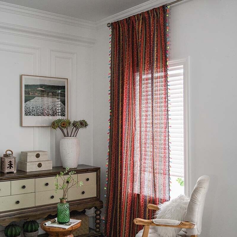 Red Cotton Linen Curtains, Boho Tribal Print Drapes for Window Decoration