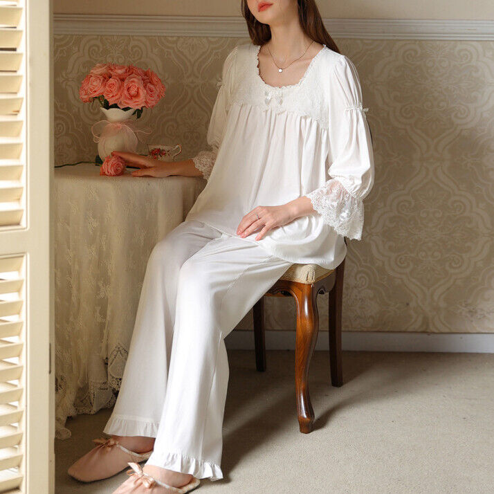 Long Sleeve Princess Cotton Trousers Suit Lace Comfortable Homewear nightdress