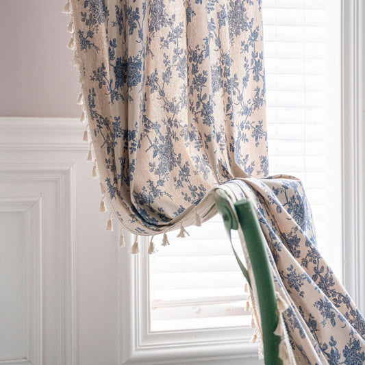 Curtains in Cotton and Linen Blend with Blue Floral Print