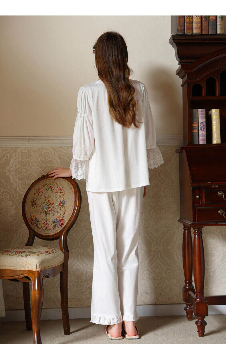 Long Sleeve Princess Cotton Trousers Suit Lace Comfortable Homewear nightdress