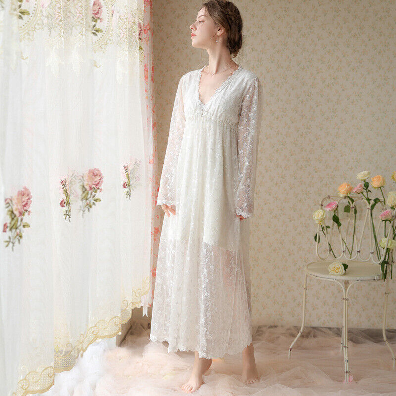 Nightdress Long Sleeve Mesh Two-Piece Embroidery Pack Thin Robe