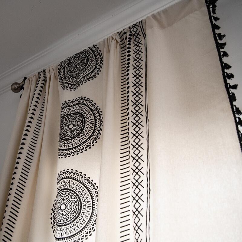 Cream Curtain Panels - Bohemian Style, Polyester-Cotton Blend, Semi-Blackout