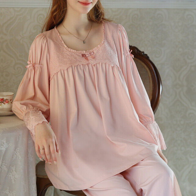 Long Sleeve Princess Cotton Trousers Suit Lace Comfortable Homewear nightdress