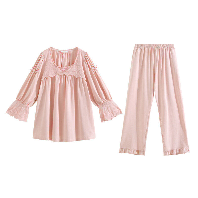 Long Sleeve Princess Cotton Trousers Suit Lace Comfortable Homewear nightdress