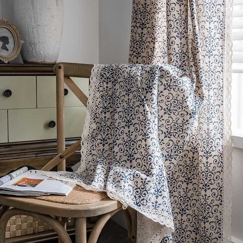 Vintage Blue and White Ceramic Print Cotton Linen Drapes