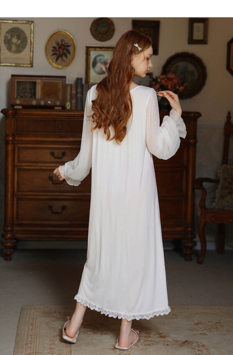 French-Style Long Modal Cotton Nightdress with Chest Pad