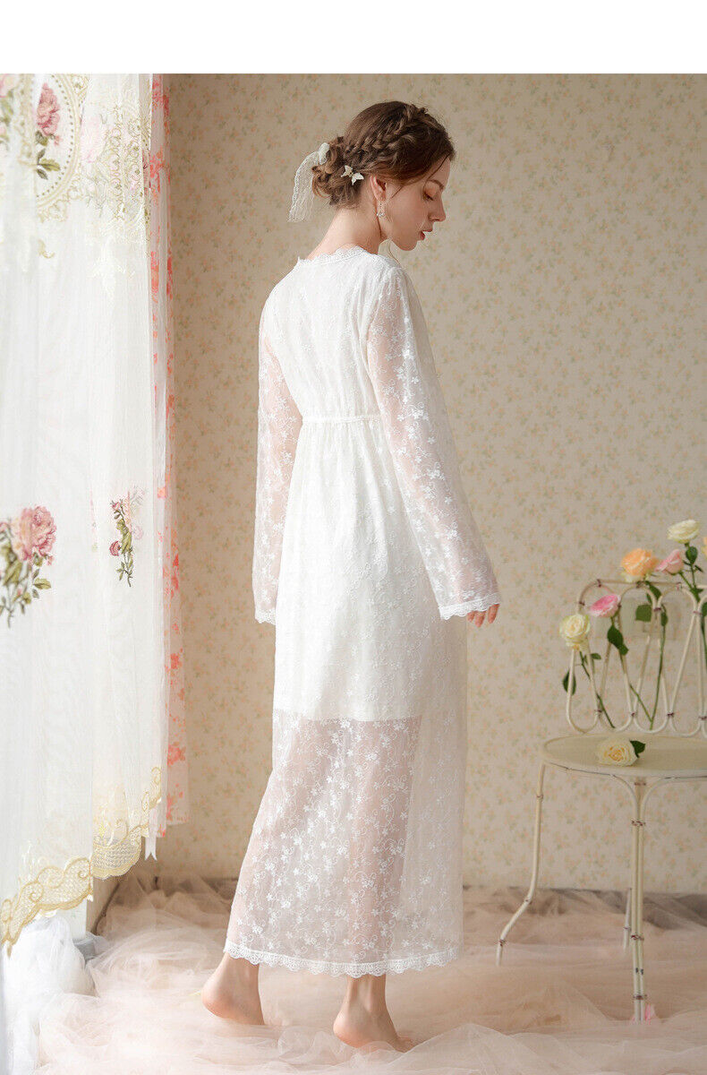 Nightdress Long Sleeve Mesh Two-Piece Embroidery Pack Thin Robe