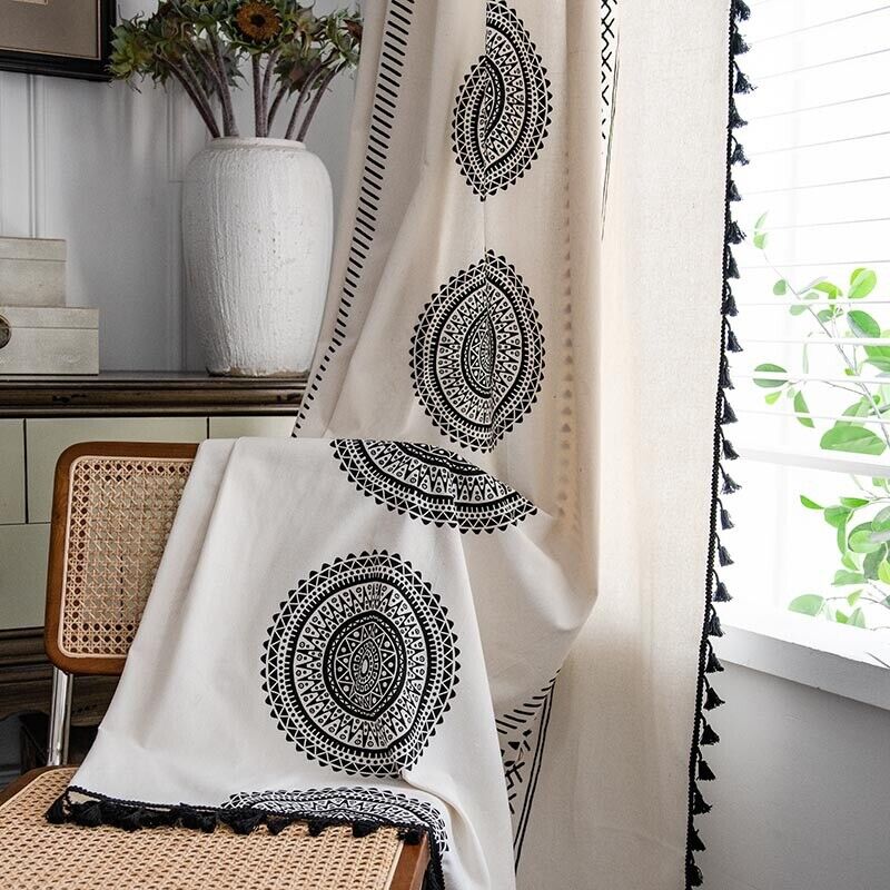 Cream Curtain Panels - Bohemian Style, Polyester-Cotton Blend, Semi-Blackout