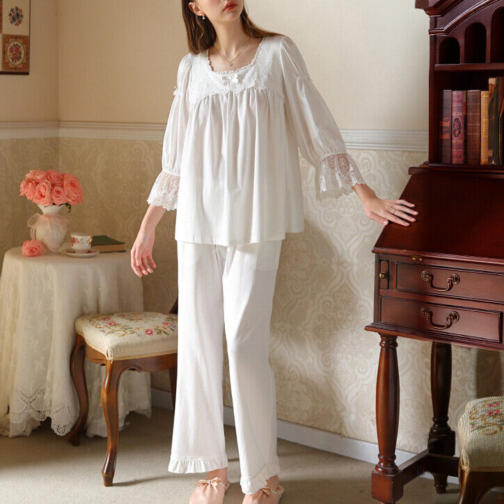 Long Sleeve Princess Cotton Trousers Suit Lace Comfortable Homewear nightdress