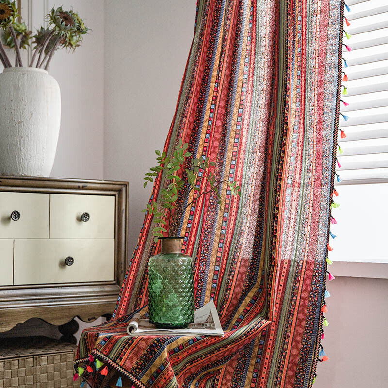 Red Cotton Linen Curtains, Boho Tribal Print Drapes for Window Decoration