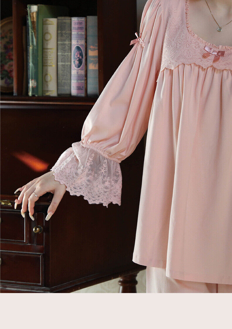 Long Sleeve Princess Cotton Trousers Suit Lace Comfortable Homewear nightdress