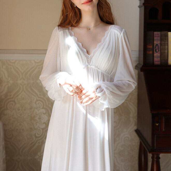 French-Style Long Modal Cotton Nightdress with Chest Pad