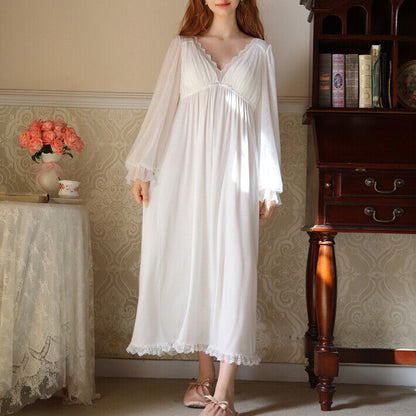 French-Style Long Modal Cotton Nightdress with Chest Pad