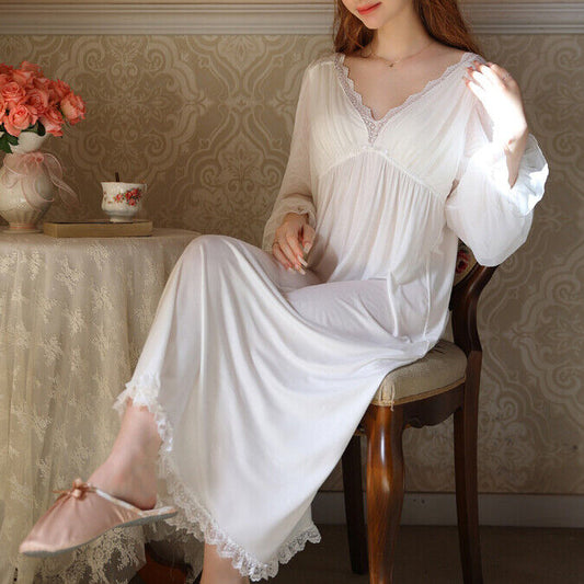 French-Style Long Modal Cotton Nightdress with Chest Pad