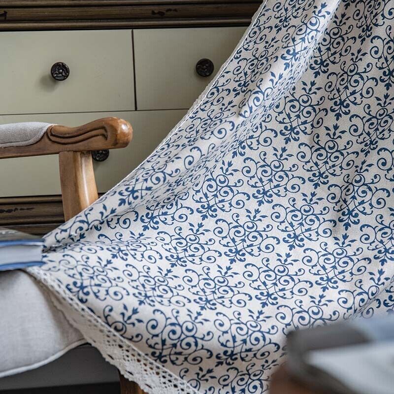 Vintage Blue and White Ceramic Print Cotton Linen Drapes