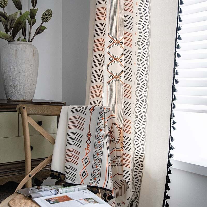 Light-Transmitting Bohemian Cream Cotton Linen Printed Sunshade Curtains