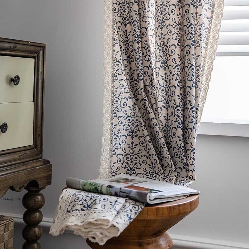 Vintage Blue and White Ceramic Print Cotton Linen Drapes