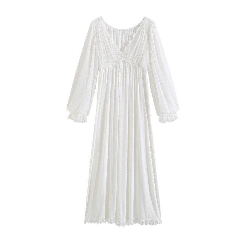 French-Style Long Modal Cotton Nightdress with Chest Pad