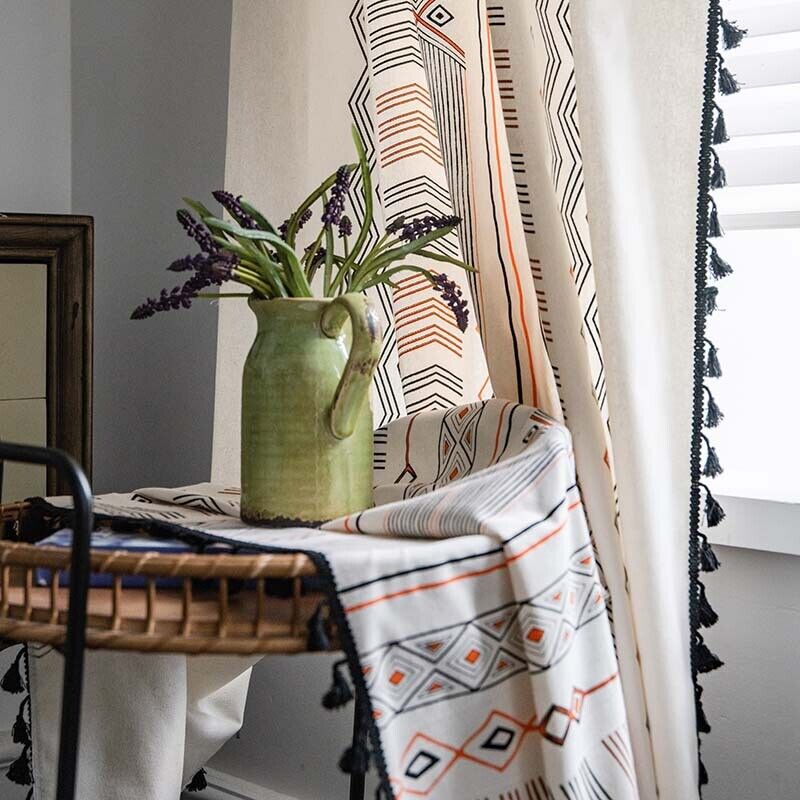 Light-Transmitting Bohemian Cream Cotton Linen Printed Sunshade Curtains