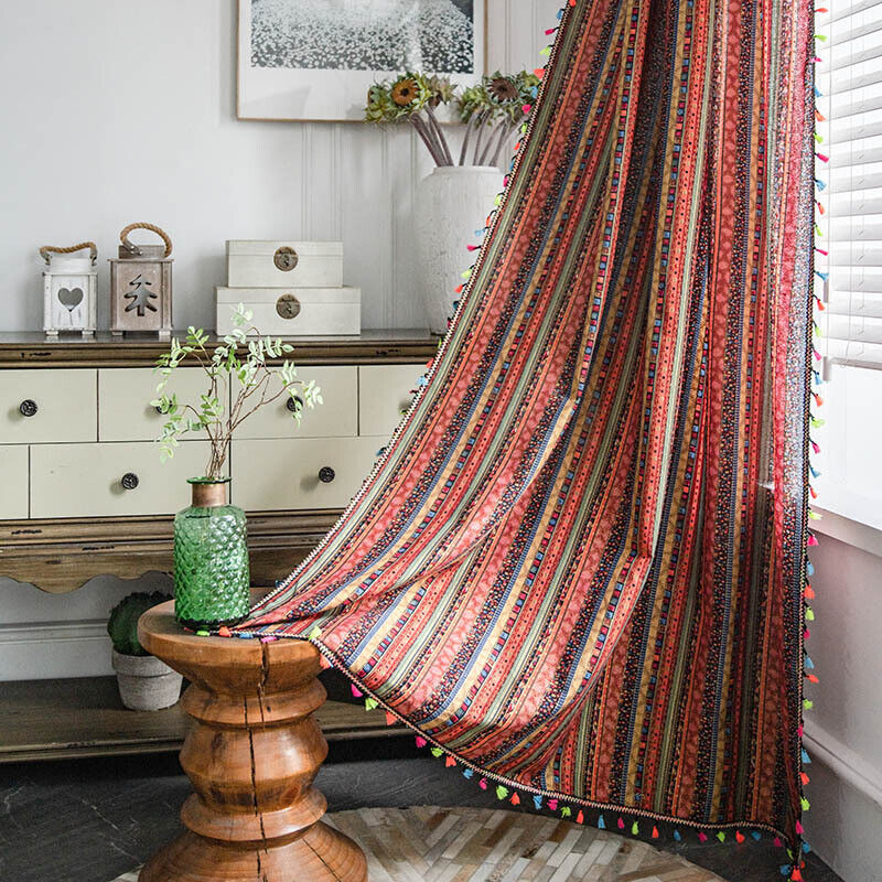 Red Cotton Linen Curtains, Boho Tribal Print Drapes for Window Decoration