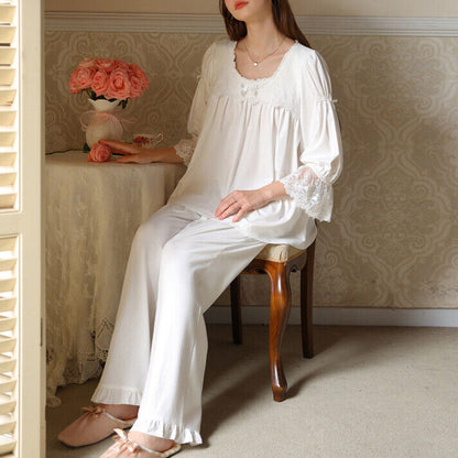 Long Sleeve Princess Cotton Trousers Suit Lace Comfortable Homewear nightdress