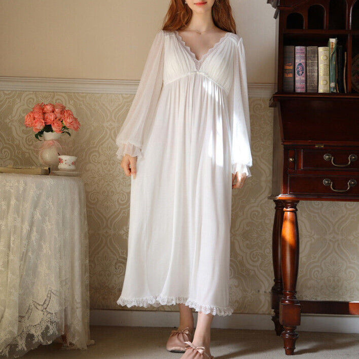 French-Style Long Modal Cotton Nightdress with Chest Pad